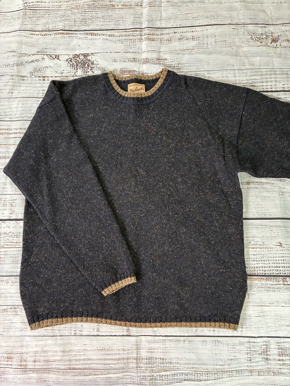 Woolrich Sweater Men’s XL Nottingham Tweed Blue With Brown Trim